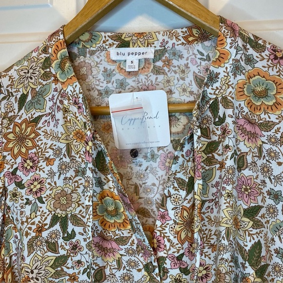 Blu Pepper Sz S Floral Bohemian Burton Blouse - Cream & Brown Balloon Sleeves - Picture 3 of 15